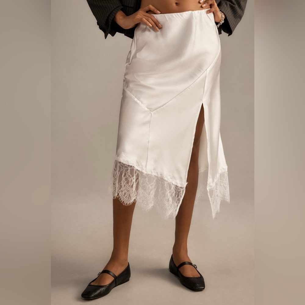 Anthropologie White Satin Lace-Trim Midi Skirt with Side Slit